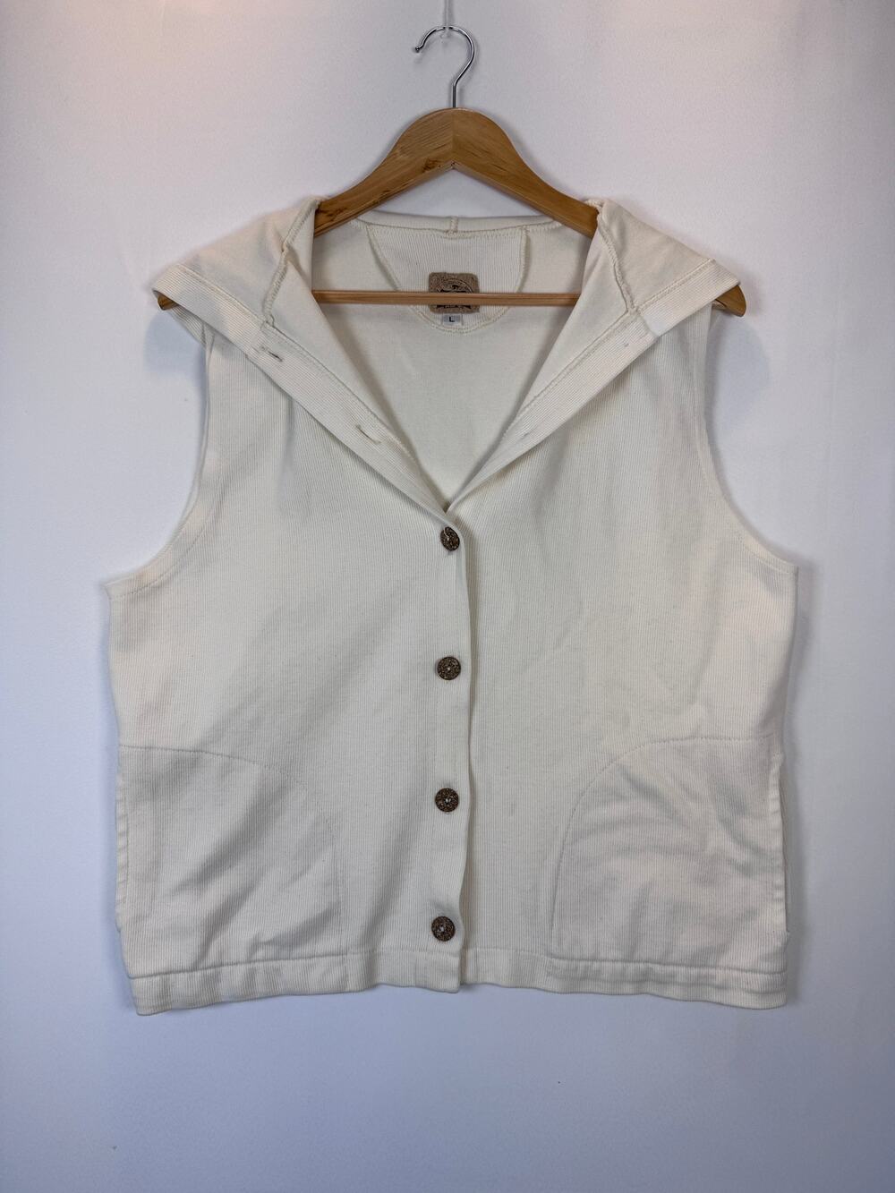 Vintage Womens L Cream Hooded ALPS Cotton Vest Button Front Pockets USA